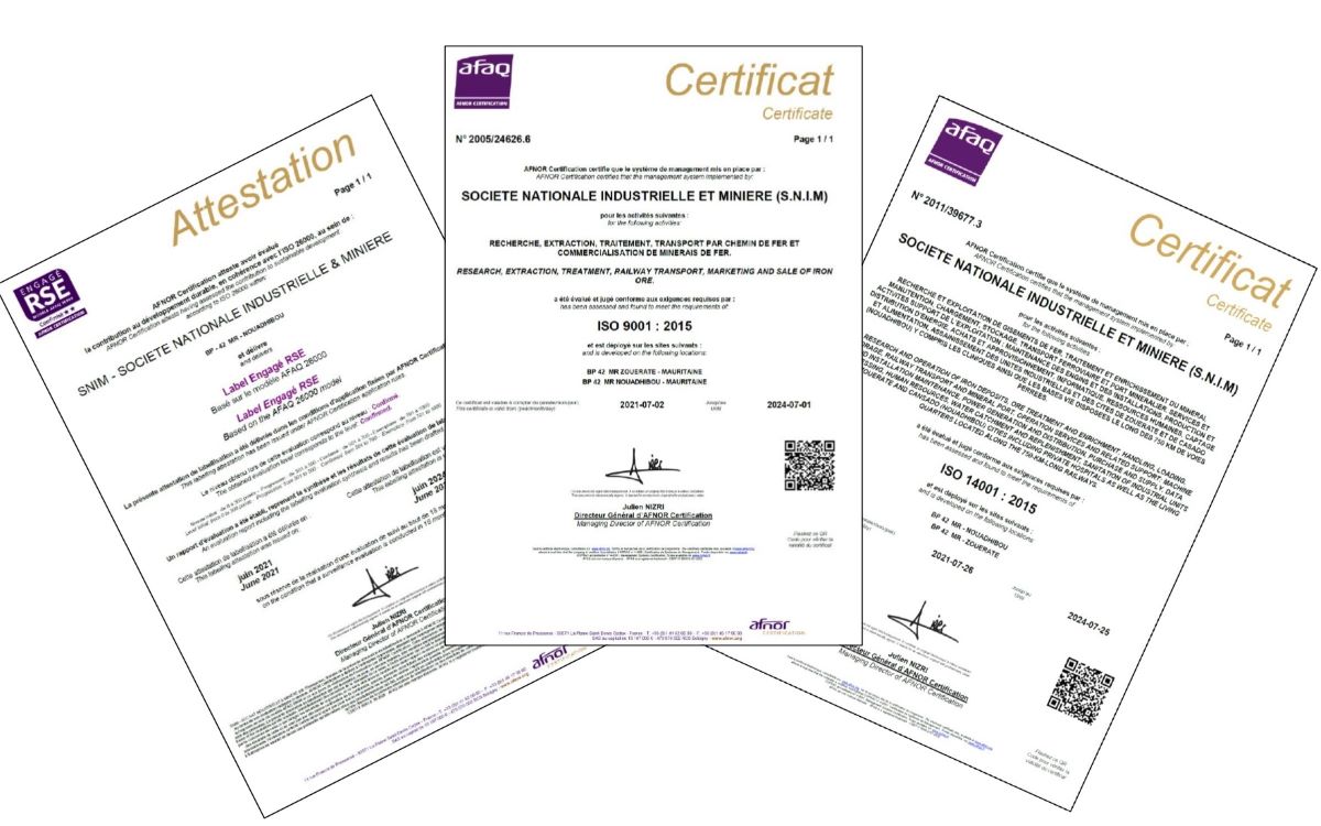Our certifications | Société Nationale Industrielle et Minière (SNIM)